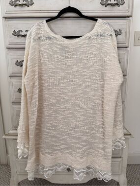 Bellamie Cream Lace-Trim Scoop Neck open knit pullover Sweater
